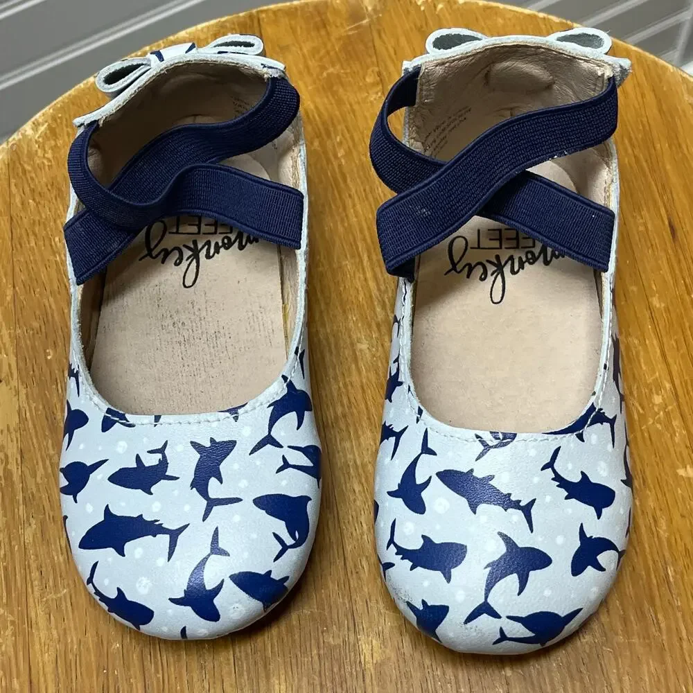 Monkey Feet Leather Ballet Flats with Back Bow & Shark Print Size 18-24 Months